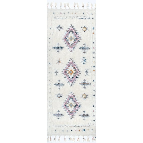nuLOOM Jocelyn High-Low Textured Tribal Shag Tassel Runner Rug, 2' 6" x 12', White
