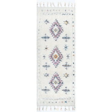 nuLOOM Jocelyn High-Low Textured Tribal Shag Tassel Runner Rug, 2' 8" x 8', White