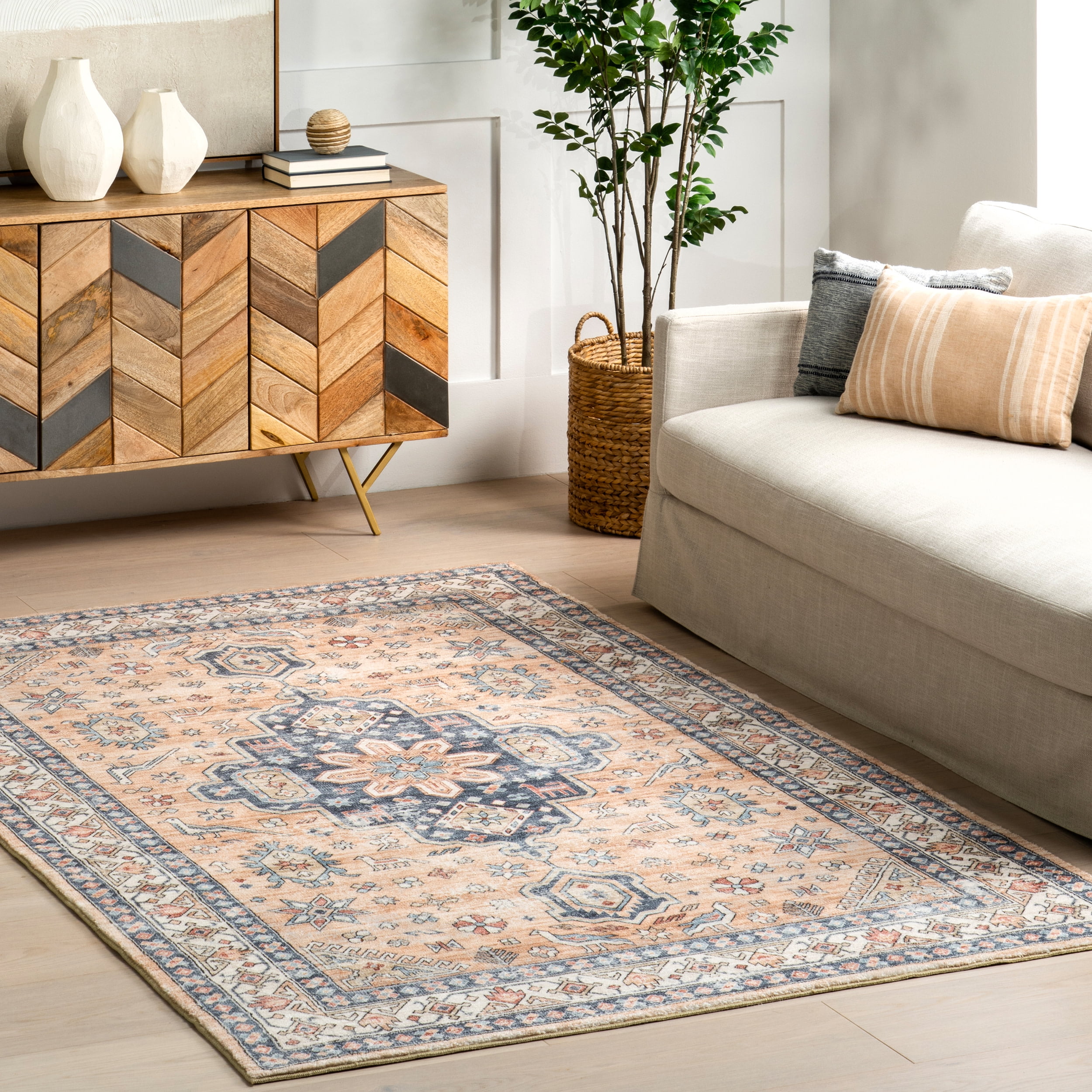 Sand and Grey Synthetic Medallion Washable Area Rug 3' x 5'