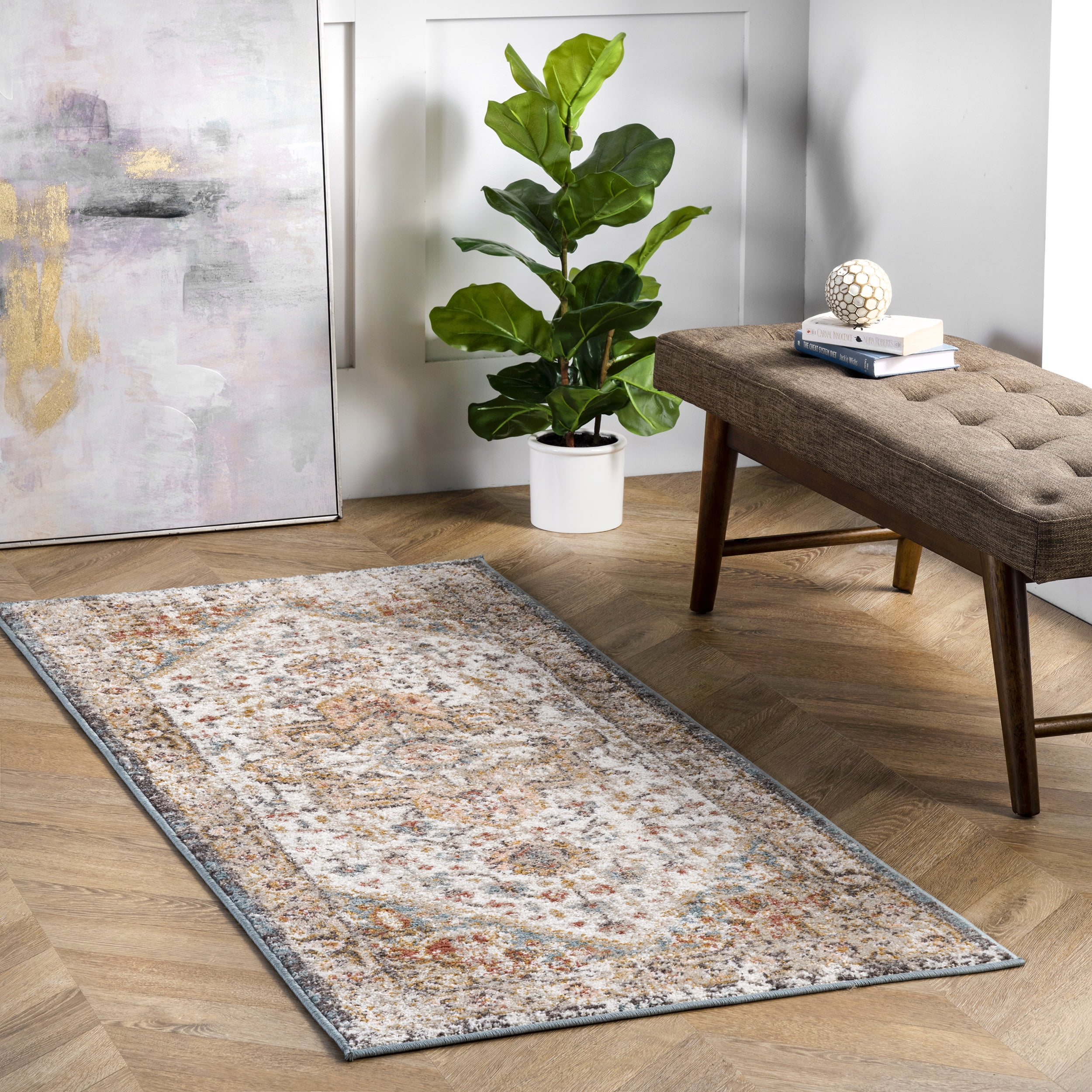 Justine Beige Synthetic Medallion Runner Rug, 2'6" x 10'