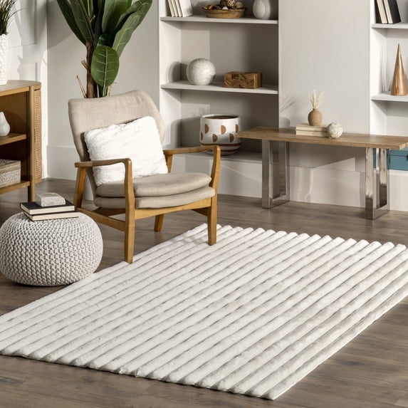 nuLOOM Kai SuperiorWash Stripe Faux Rabbit Machine Washable Area Rug, 3' 9" x 6', Kai Off-white