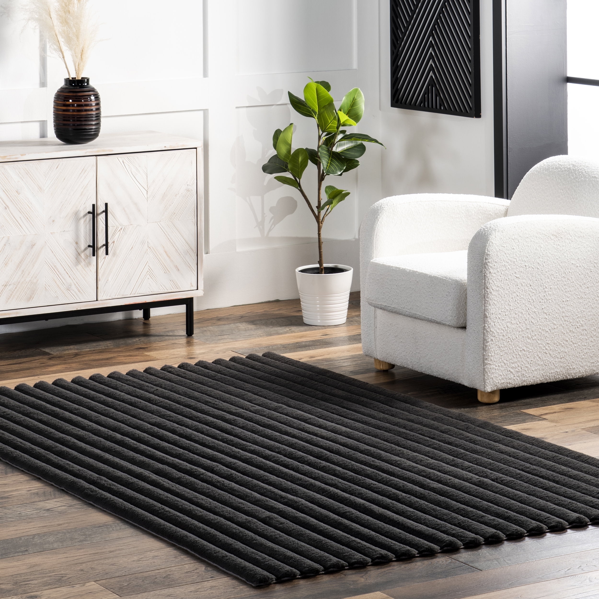 Kai Gray Stripe Faux Rabbit Fur Washable Area Rug
