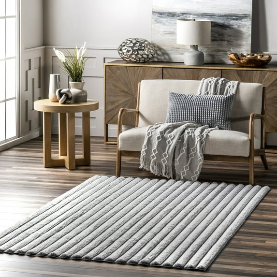 nuLOOM Kai SuperiorWash Stripe Faux Rabbit Machine Washable Area Rug, 5' x 8', Kai Silver
