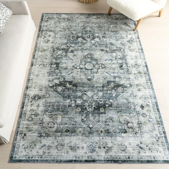 nuLOOM Kaiana Medallion SplashGuard Machine Washable Area Rug, 5' x 8', Kaiana Slate Blue