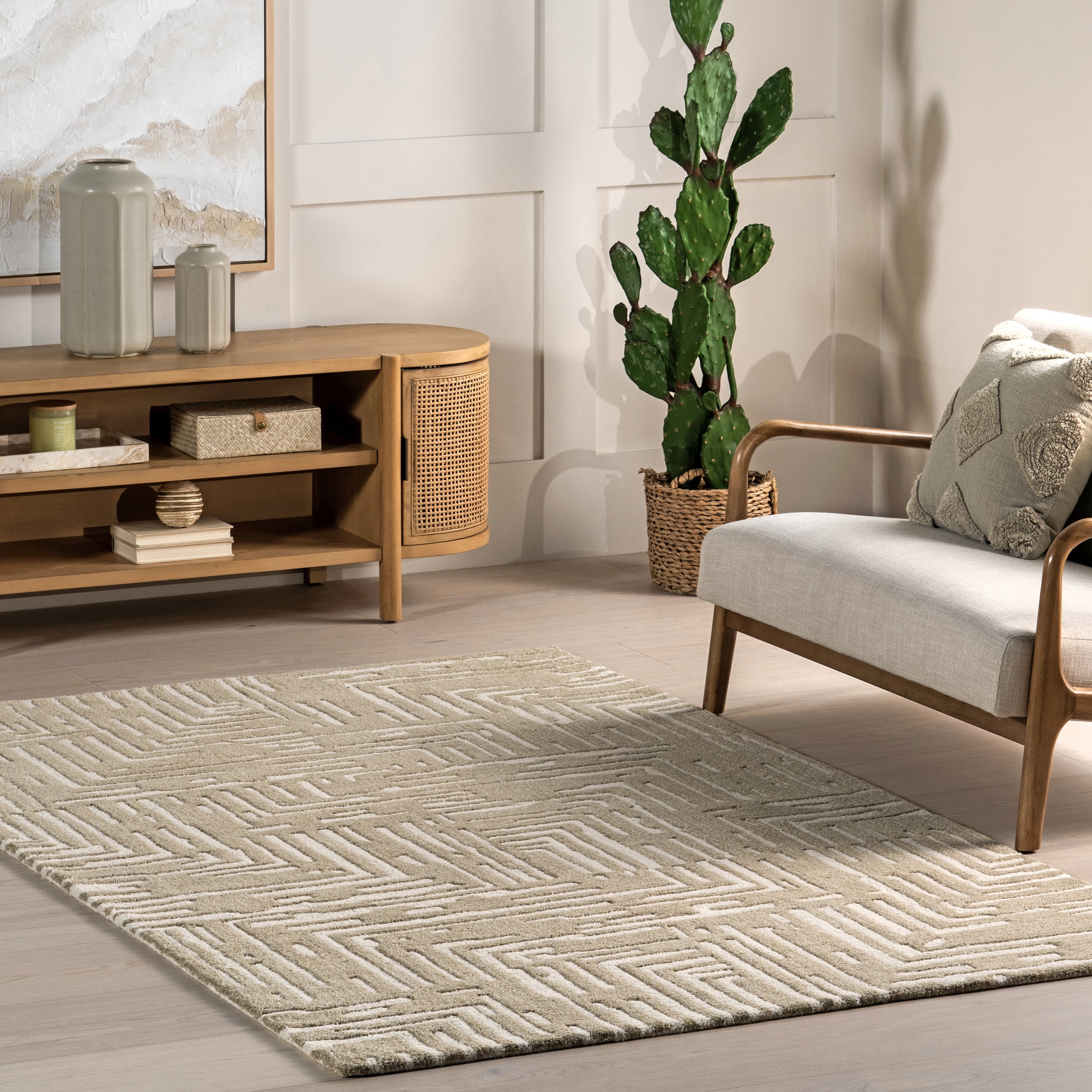 Ivory Geometric Hand-Tufted Wool 4' x 6' Area Rug