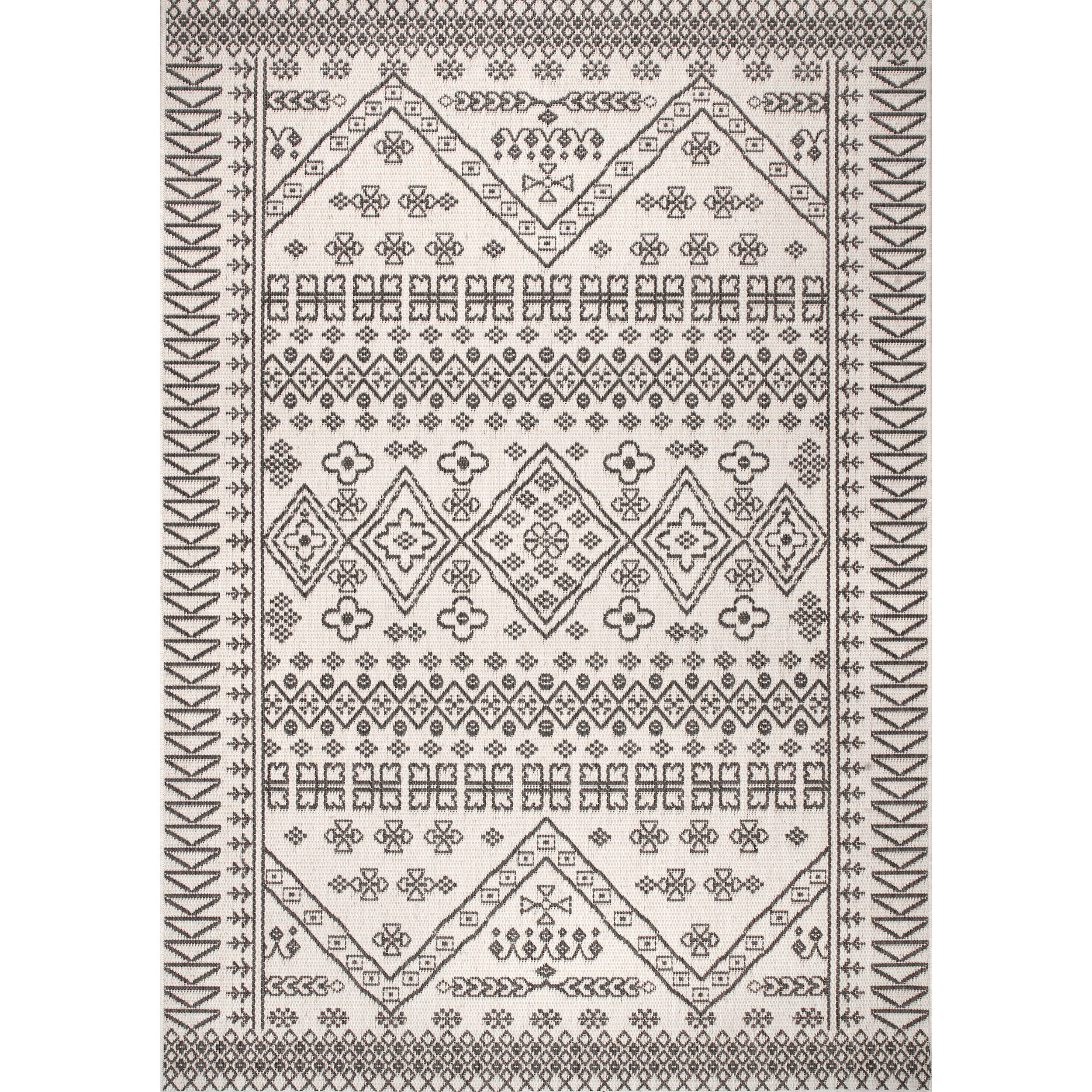 Ivory and Gray Geometric Synthetic Indoor/Outdoor Rug, 3' x 5'