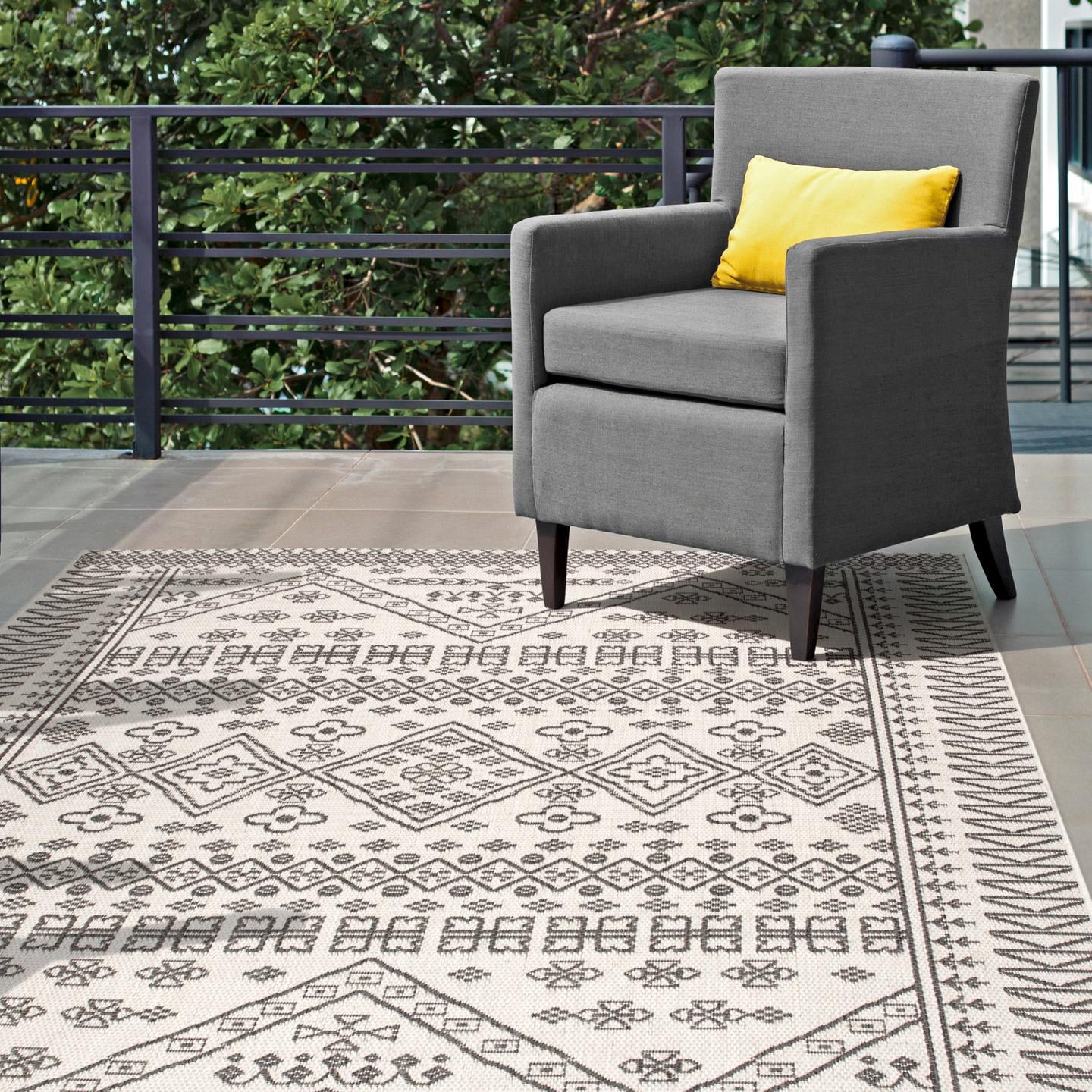 Ivory and Gray Bohemian Synthetic Outdoor Area Rug