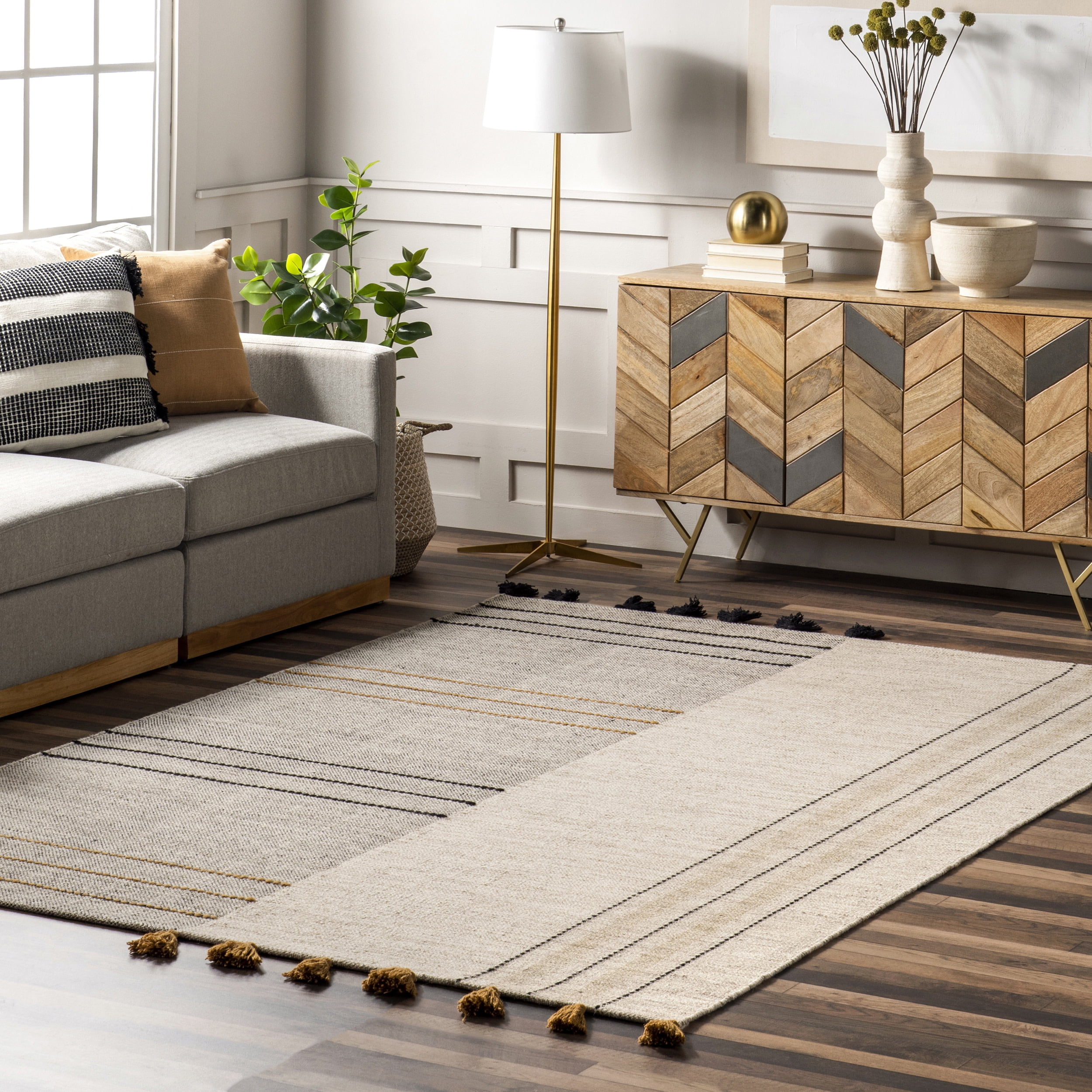 Ivory and Gray Striped Wool Cotton Handmade Area Rug, 4' x 6'