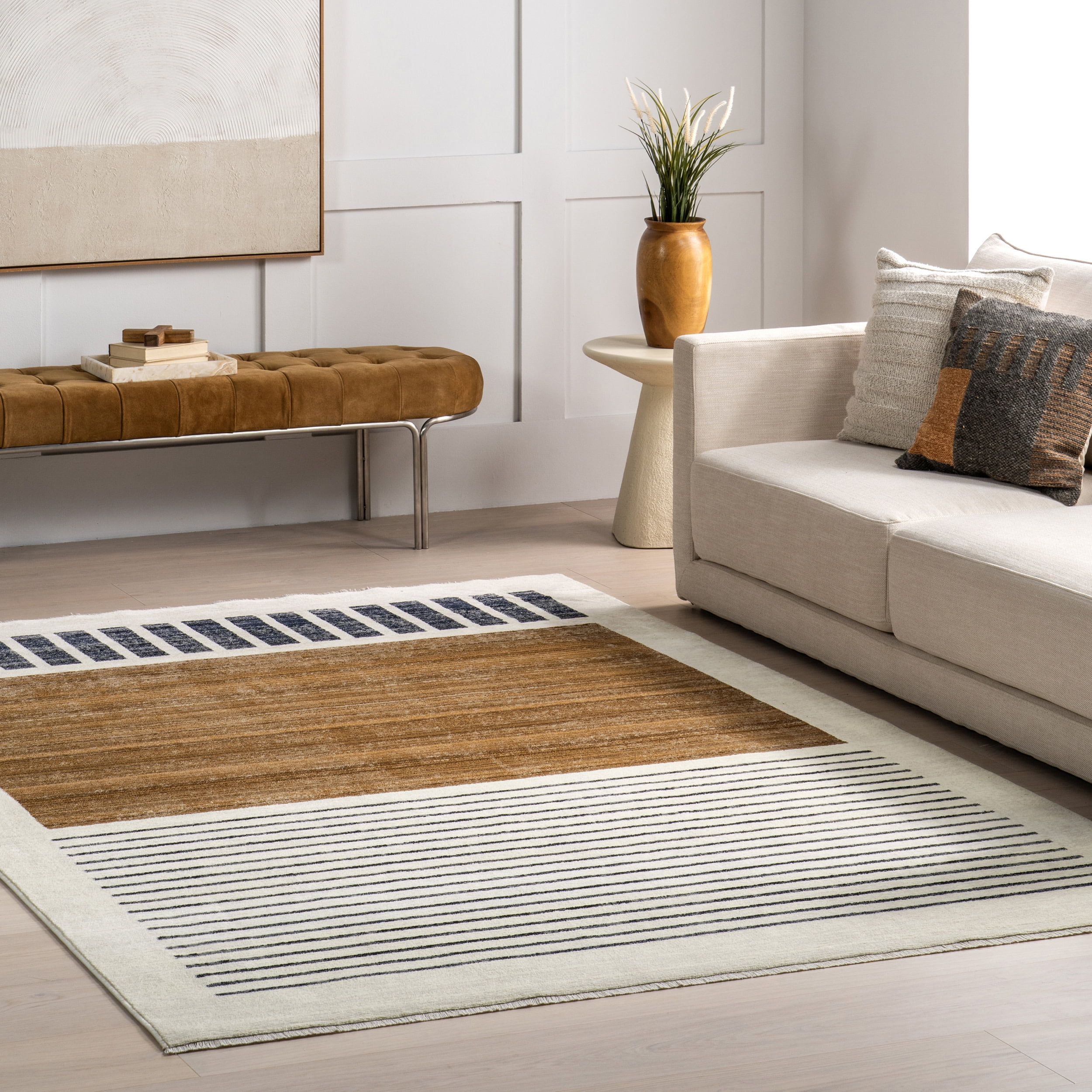 Beige and Brown Synthetic Striped Square Area Rug, 12' x 15' 9"