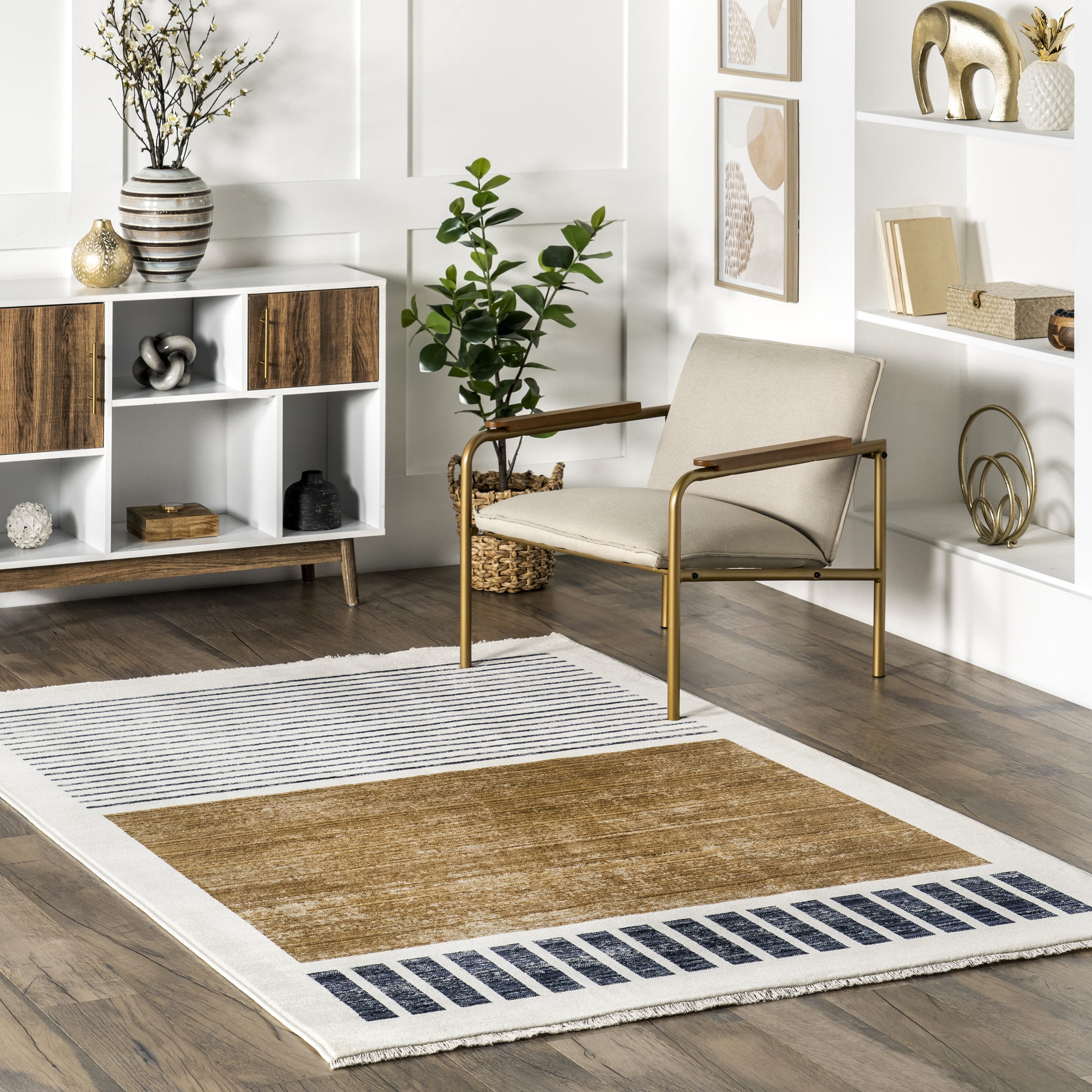 Modern Rectangular Beige and Black Striped Synthetic Area Rug