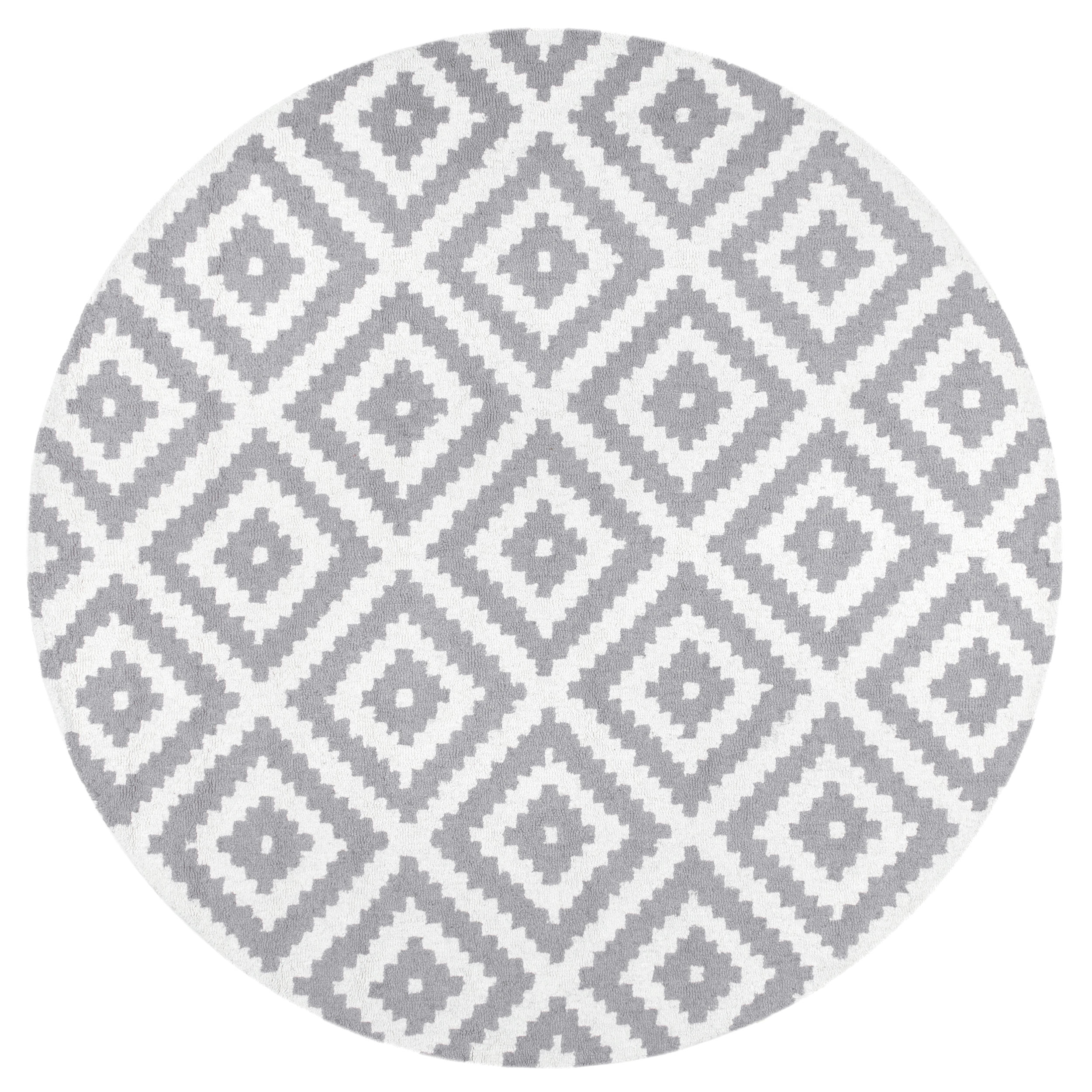 Gray and White Geometric Wool Round Area Rug, 5'