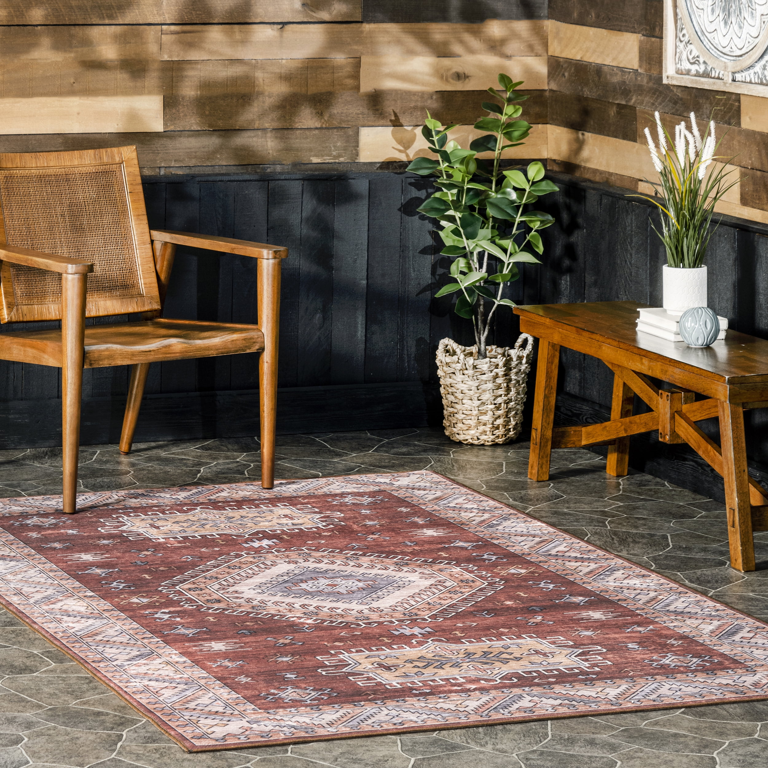 Nuloom Kera Medallion 5x8 Machine Washable Indoor/Outdoor Area Rug for Living Room Patio Deck Front Porch Kitchen, Brick/Ivory