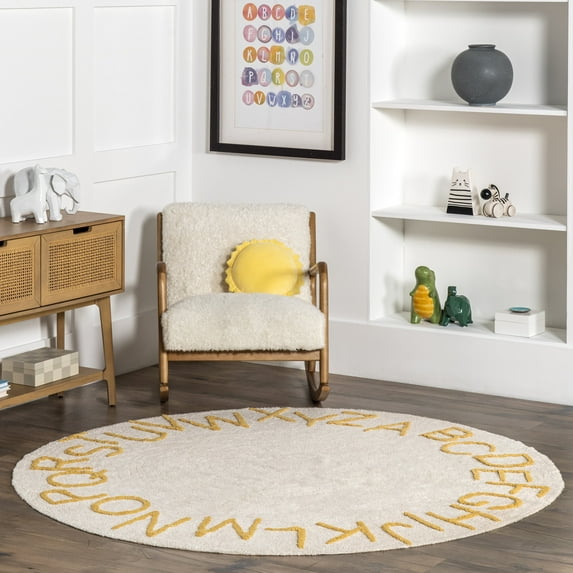 nuLOOM Kids Washable Round Alphabet Rug, 4', Light Yellow