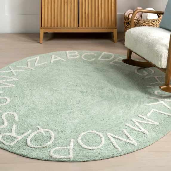 nuLOOM Kids Washable Round Alphabet Rug, 4', Round, Mint Green