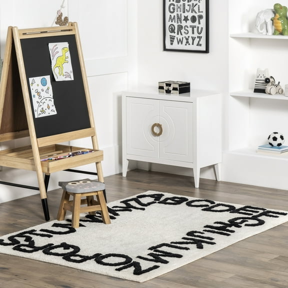 nuLOOM Kids Washable Round Alphabet Rug, 4' x 6', Ivory