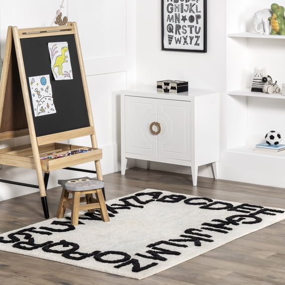 nuLOOM Kids Washable Round Alphabet Rug, 4' x 6', Ivory