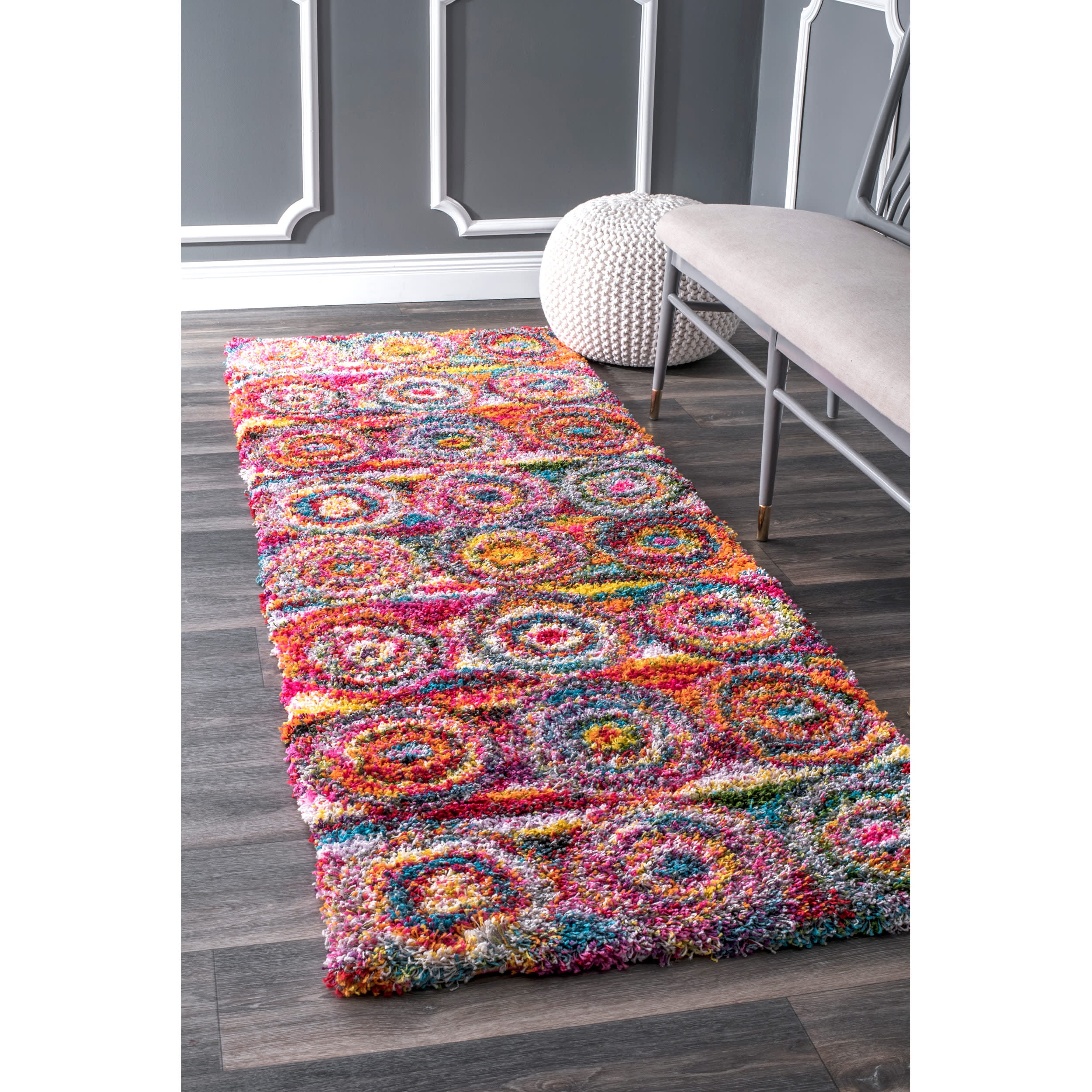 Kindra Multicolor Bohemian Circles Shag Runner Rug