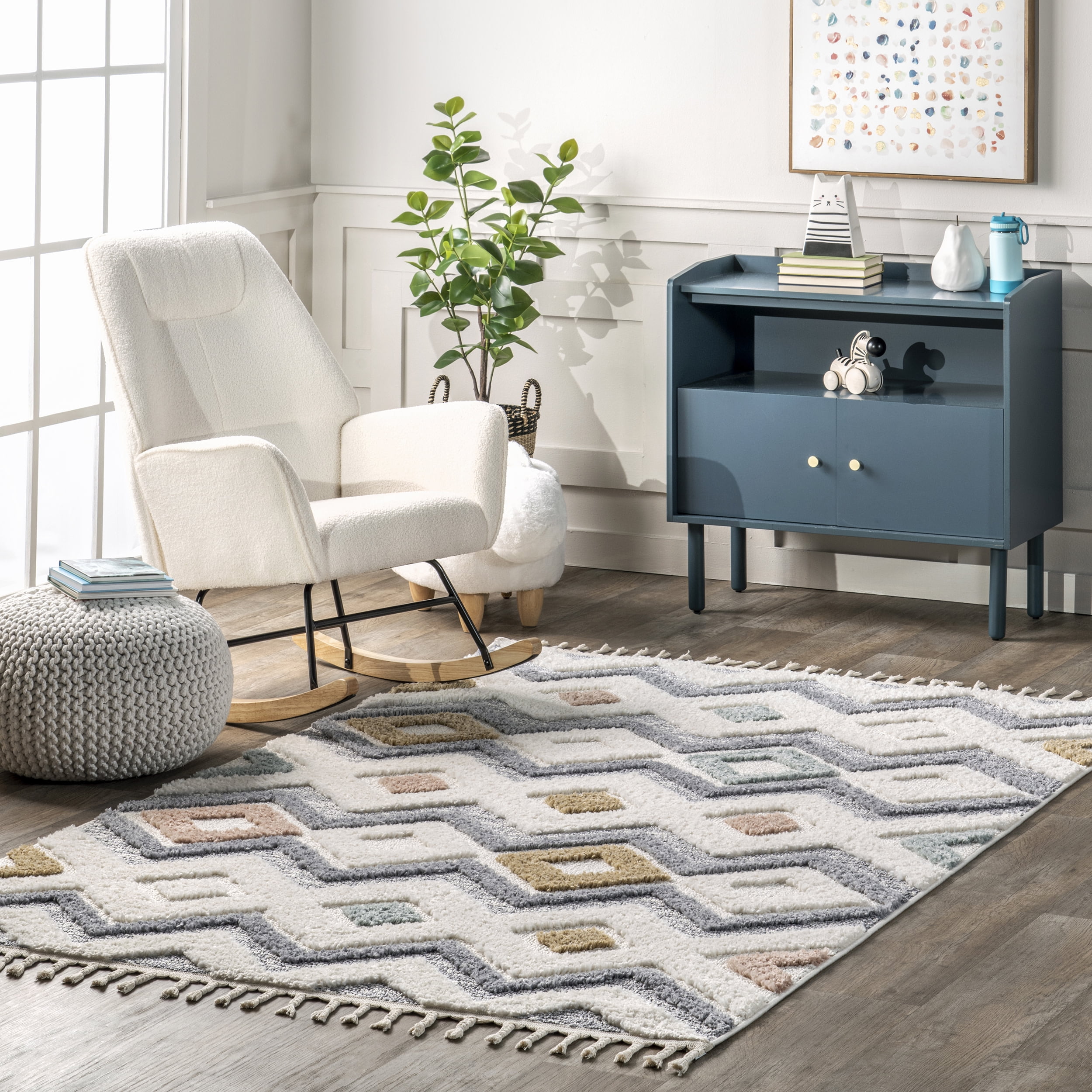 nuLOOM Kirsty Colorful Checkers Kids Tassel Area Rug, 5' x 8', Beige
