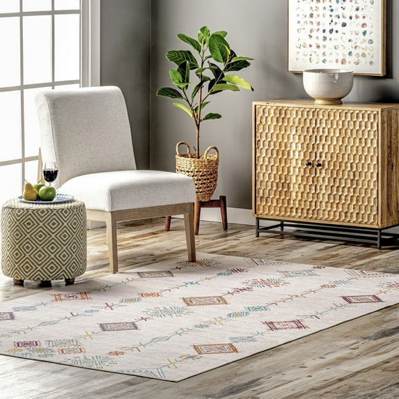 nuLOOM Kiya SpinClean Machine Washable Moroccan Tribal Geometric Area Rug, 6' x 9', Kiya Light Beige