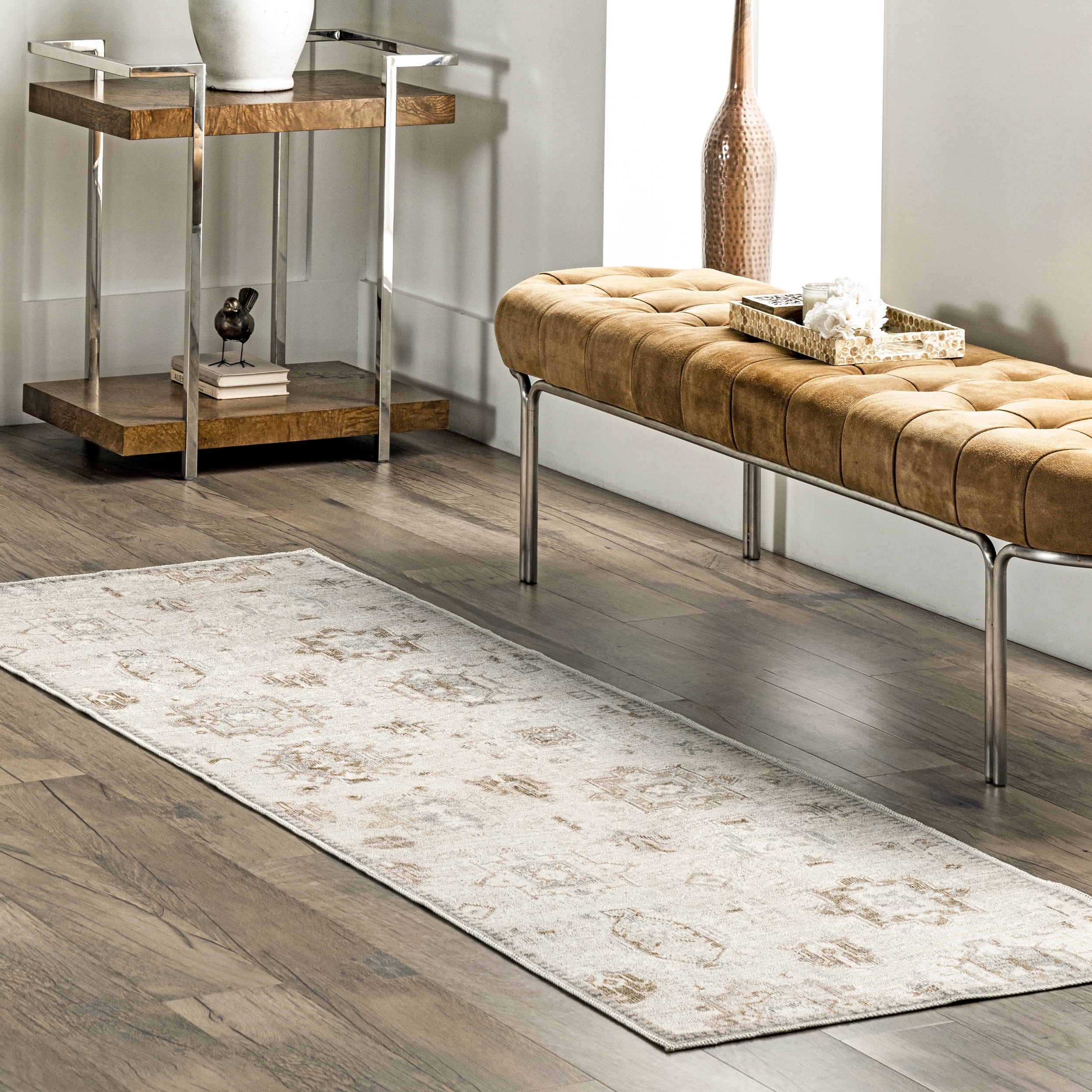 nuLOOM Krystin Distressed Machine Washable Beige 2' 6" x 6' Transitional Runner Rug