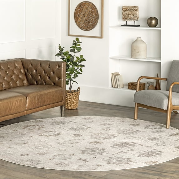 nuLOOM Krystin SpinClean Distressed Machine Washable Area Rug, 6', Round, Krystin Beige