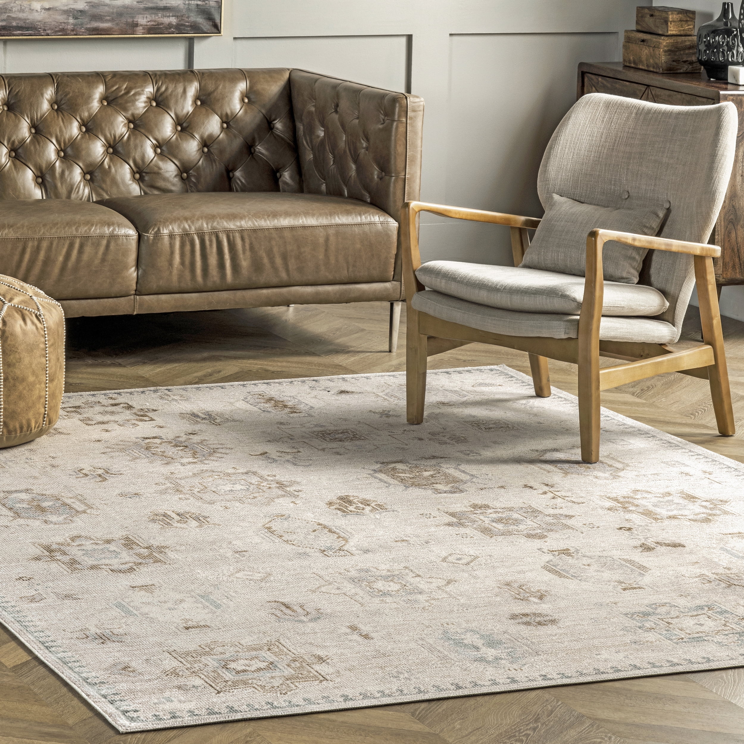 nuLOOM Krystin Distressed Machine Washable Beige 8' Transitional Square Rug