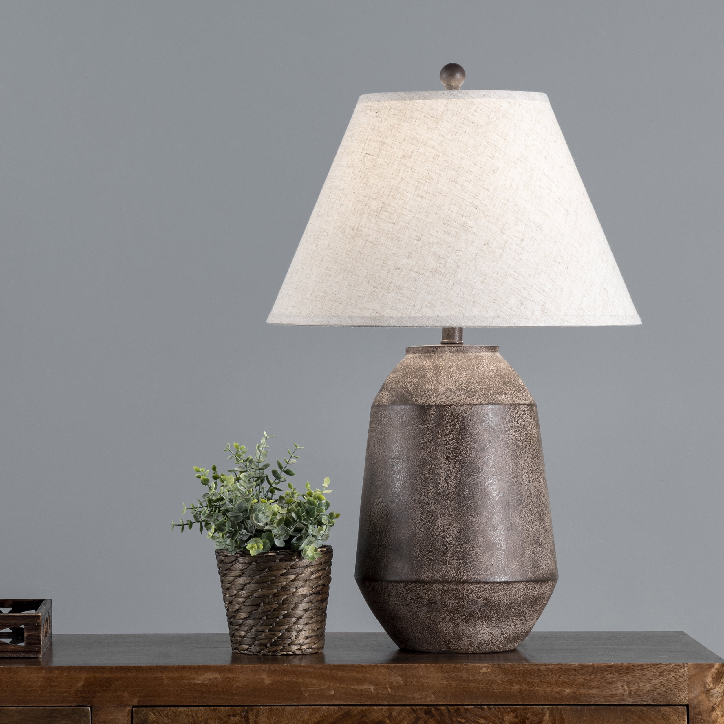 Rustic Brown Resin Table Lamp with White Fabric Shade