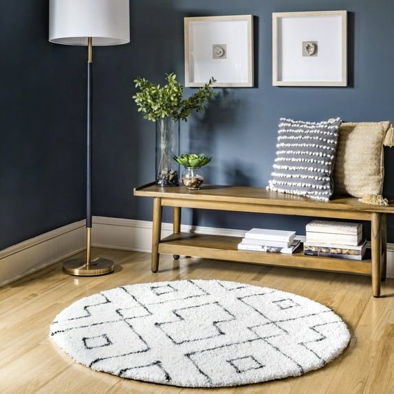 nuLOOm Beaulah Modern Trellis Shag Area Rug, 4', Round, Beaulah White