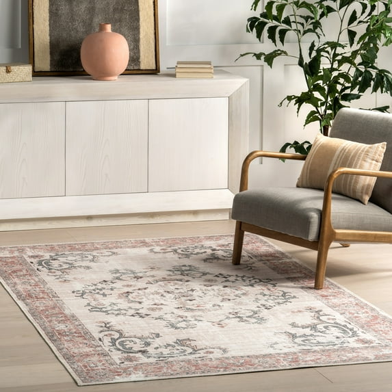 nuLOOM Layna SpinClean Machine Washable Distressed Vintage Area Rug, 8' x 10', Layna Light Grey