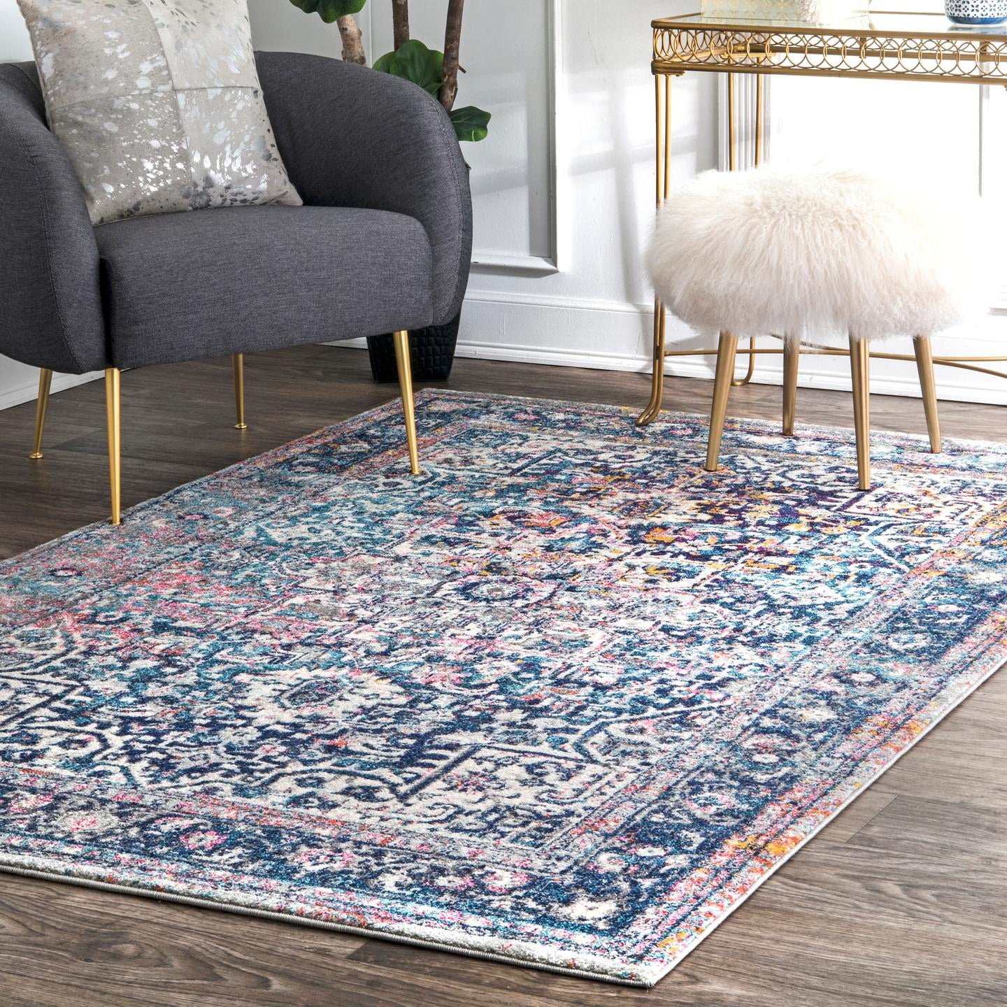Blue Rectangular Vintage Medallion Synthetic Area Rug