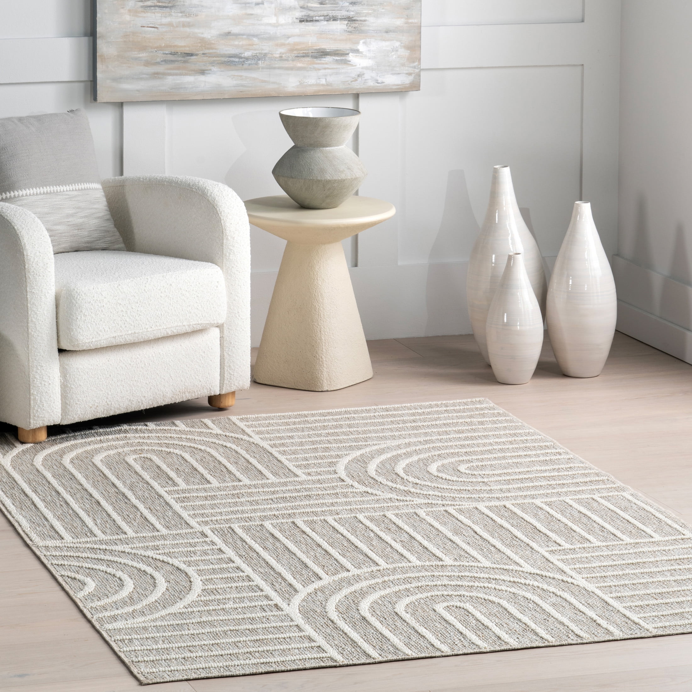 Liliya Light Gray Geometric Synthetic Washable Area Rug, 5' 3" x 7' 7"