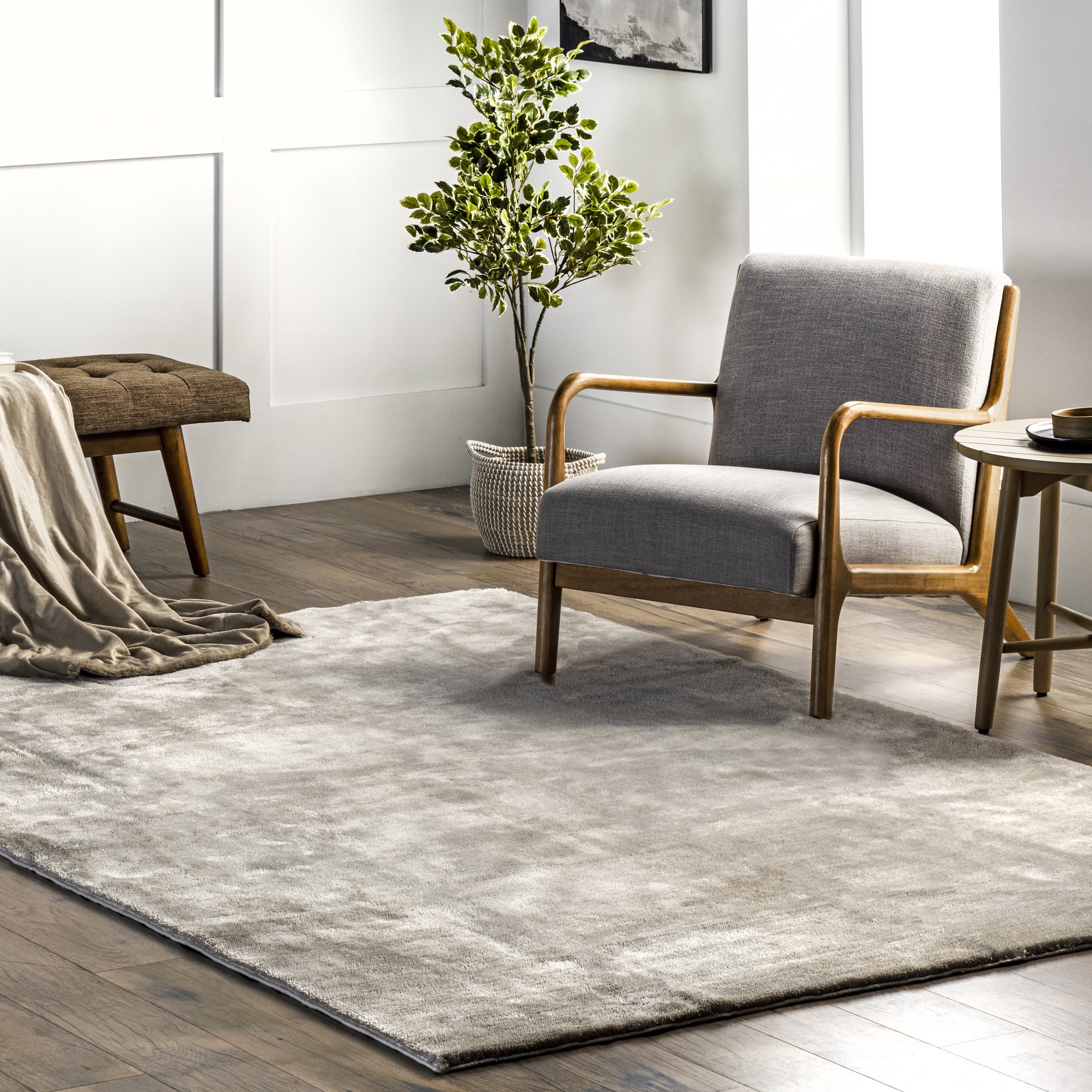 Beige Rectangular Washable Shag Area Rug