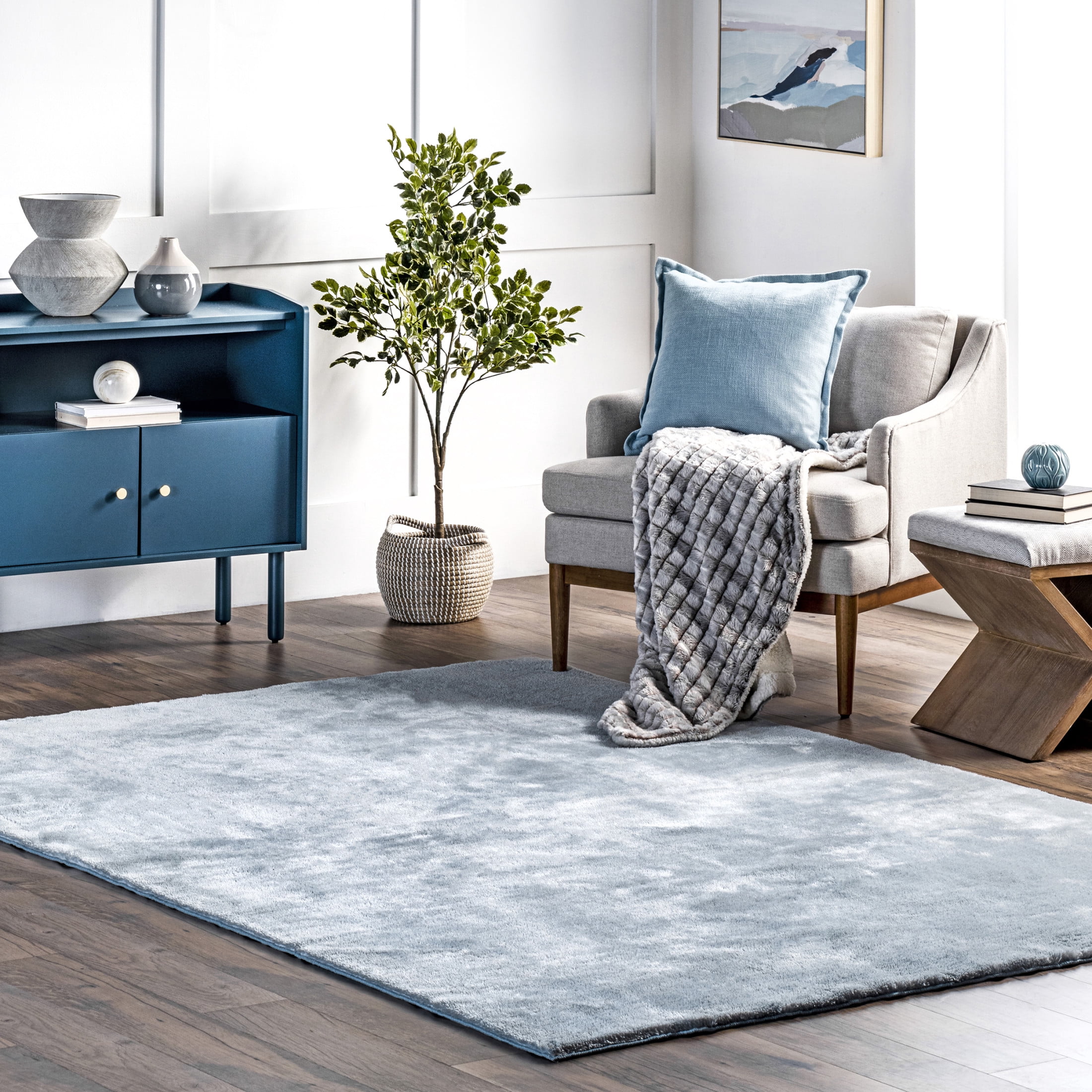 nuLOOM Loni SuperiorWash Solid Machine Washable Shag Area Rug, 3' x 5', Loni Light Blue