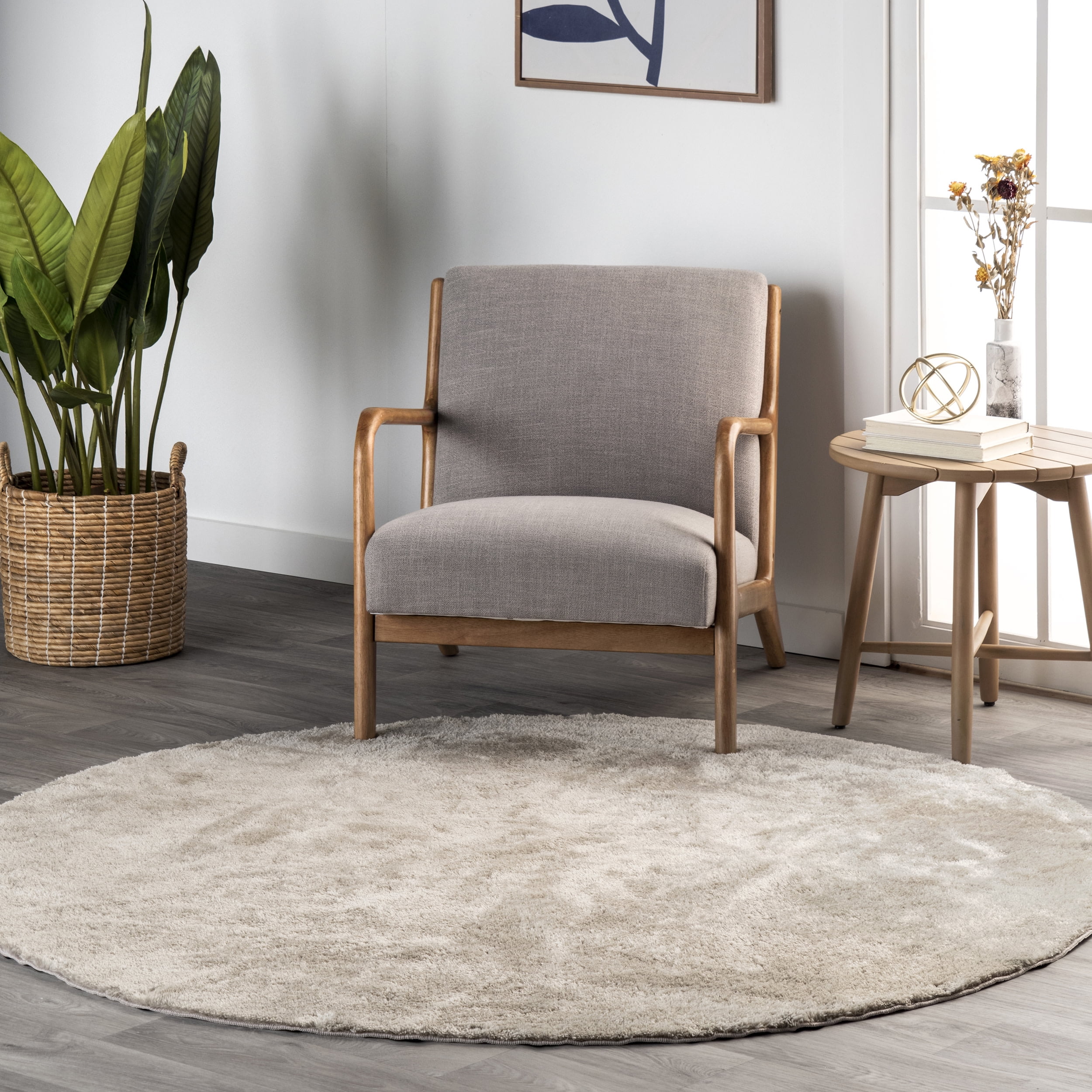 Beige Round Washable Shag Synthetic Area Rug