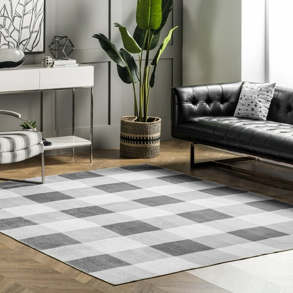 nuLOOM Lucy SpinClean Machine Washable Farmhouse Buffalo Plaid Area Rug, 8' x 8', Square, Lucy Grey