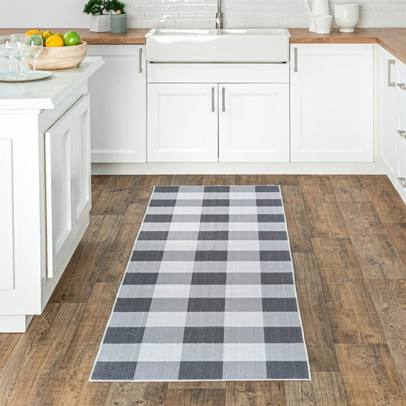 nuLOOM Lucy SpinClean Machine Washable Farmhouse Buffalo Plaid Area Rug, 2' 6" x 8', Runner, Lucy Grey