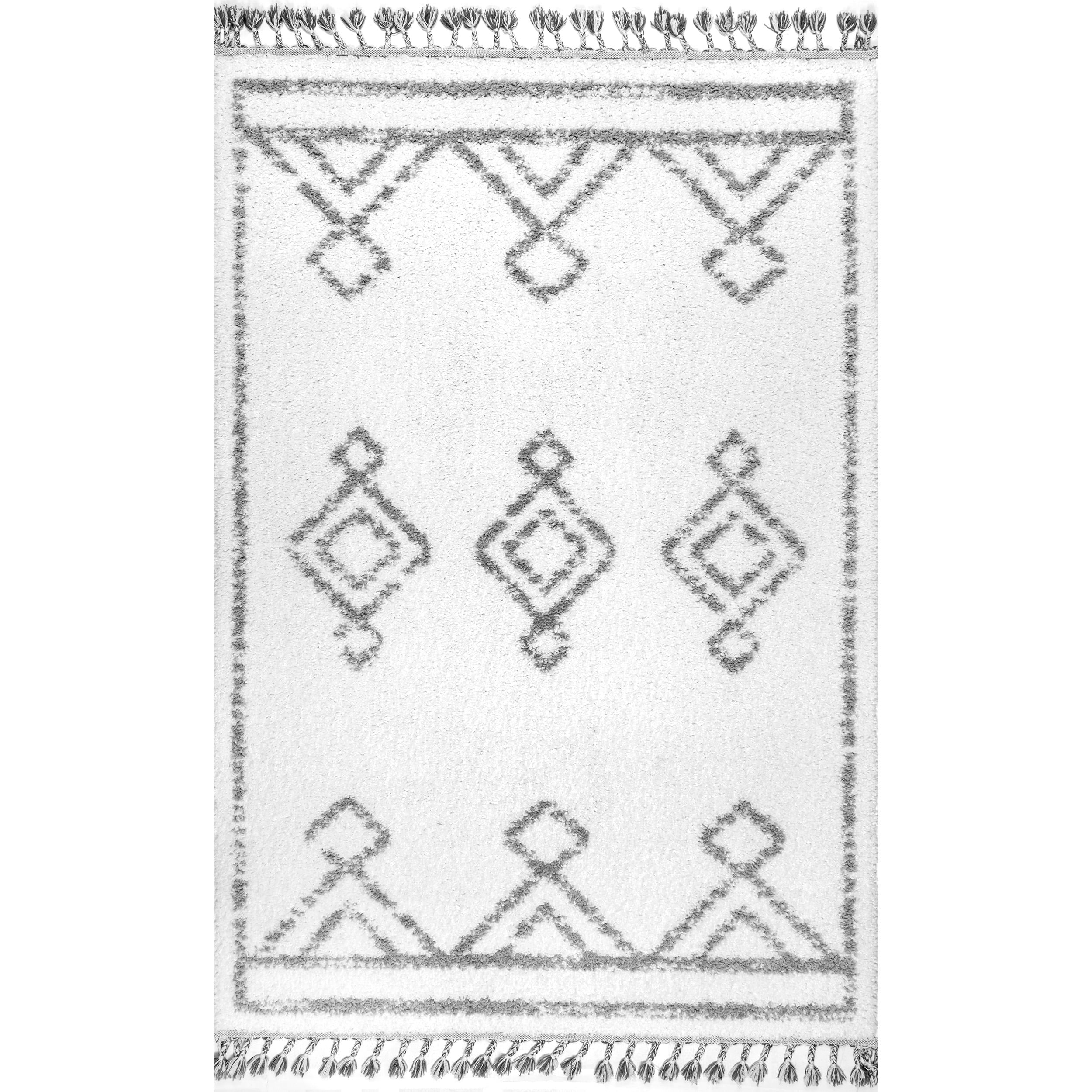 Braided White Shag Rectangular Easy Care Synthetic Rug