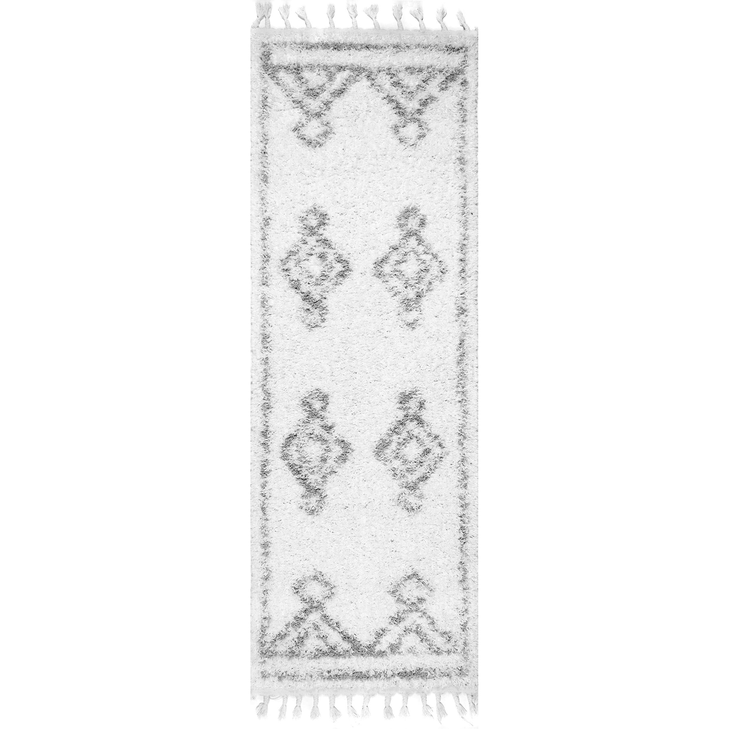 White Geometric Synthetic Shag Runner Rug with Tassels