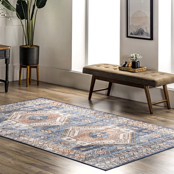 nuLOOM Mae Tribal Motif Machine Washable Blue 5' x 8' Modern Area Rug