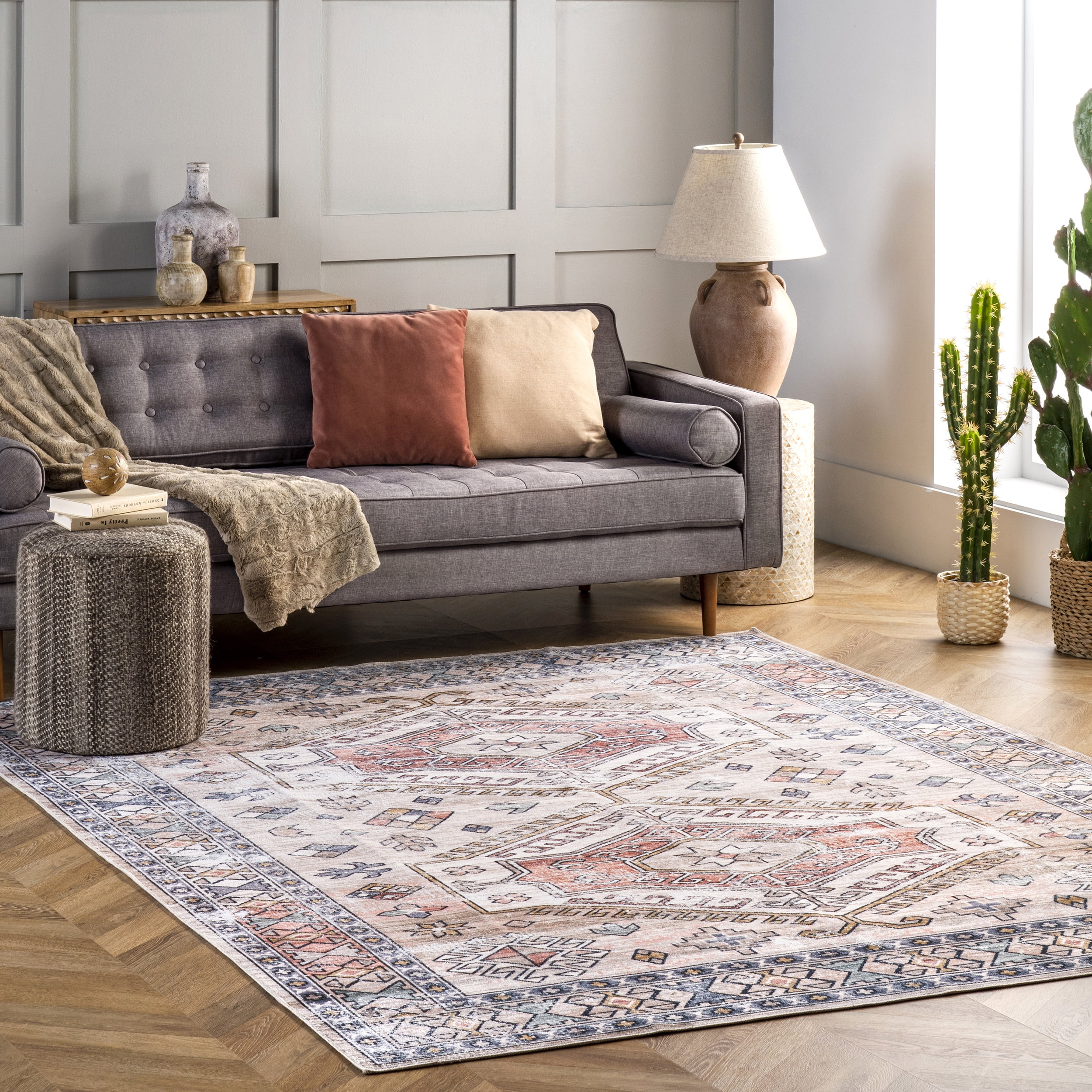 Mae Peach Tribal Motif 8' x 10' Washable Area Rug