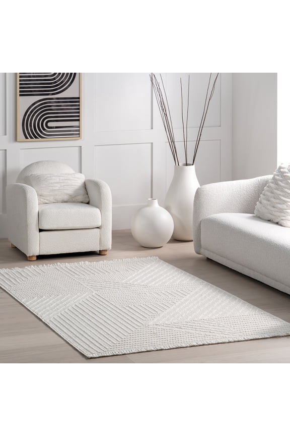 Makena Modern Geometric High-Low Area Rug, 3' x 5', Makena Off-white
