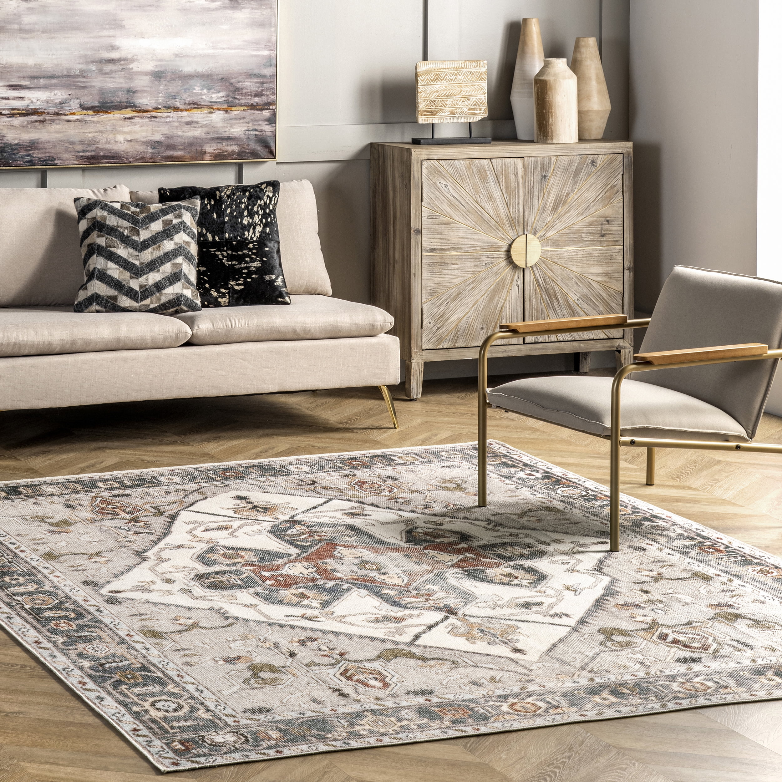 Ivory 8' x 10' Synthetic Medallion Washable Area Rug