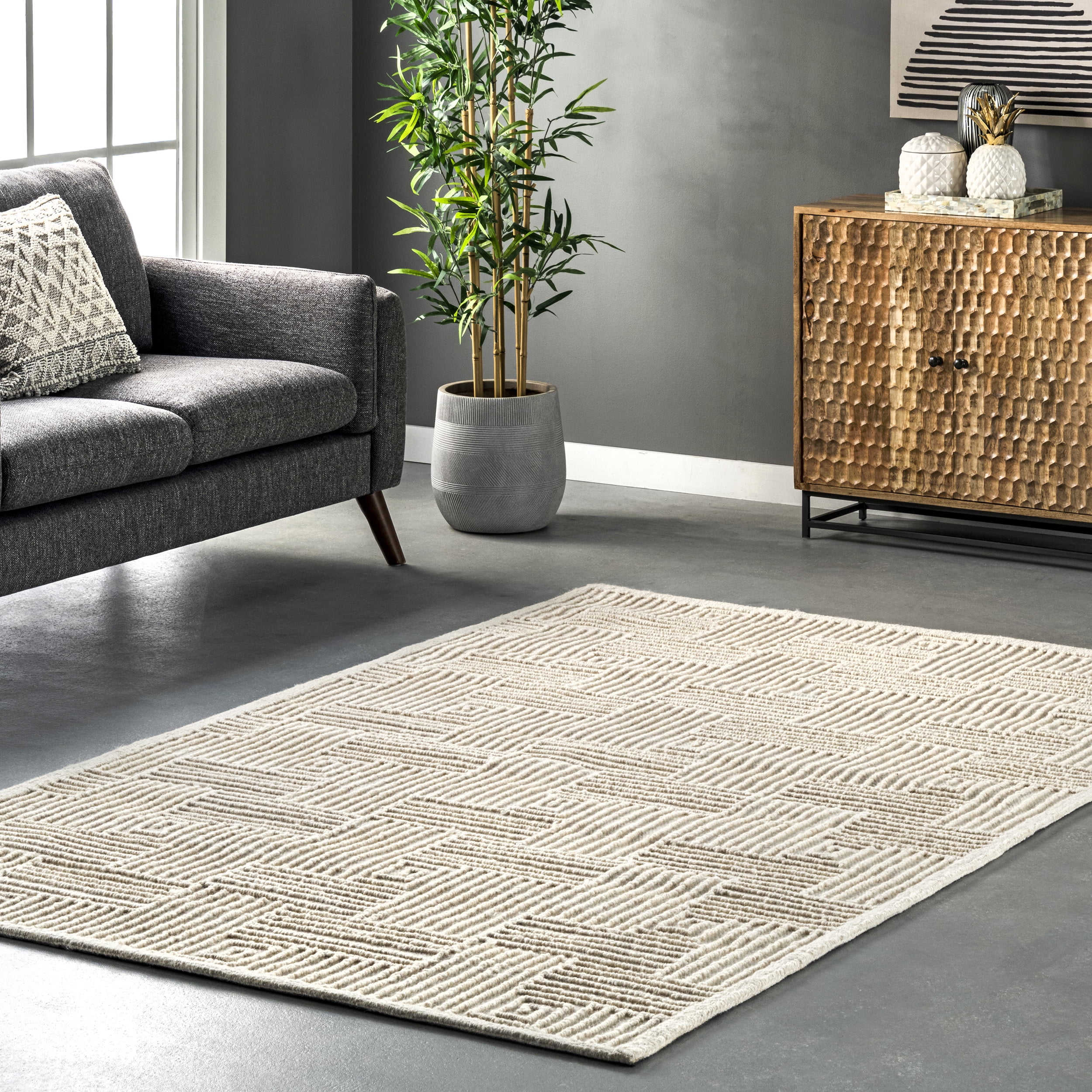 Handmade Ivory Wool Geometric 8' x 10' Area Rug