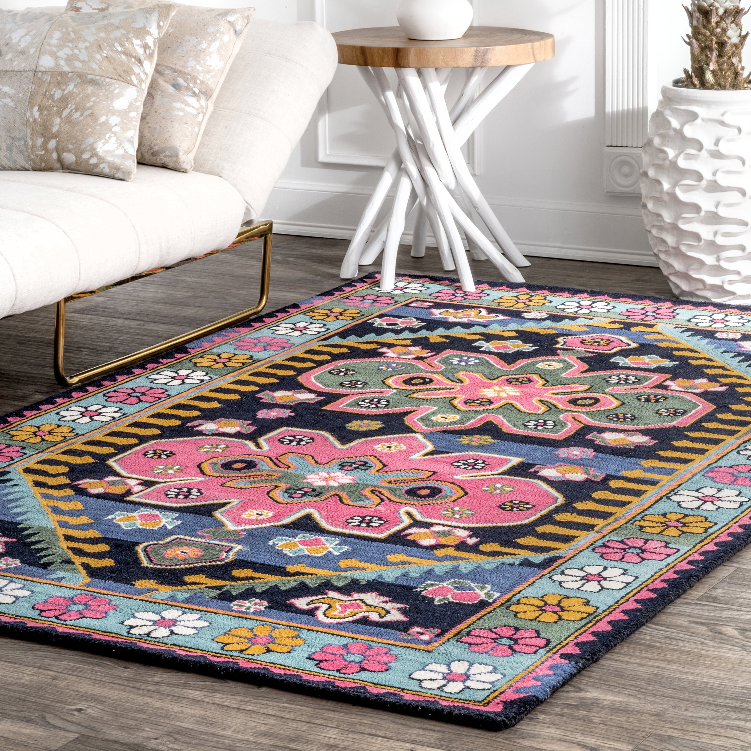Handmade Multicolor Floral Wool Rectangular Area Rug 5'0"x8'0"