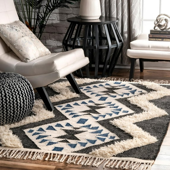 nuLOOM Margie Tribal Fringe Wool Area Rug, 6' x 9', Black