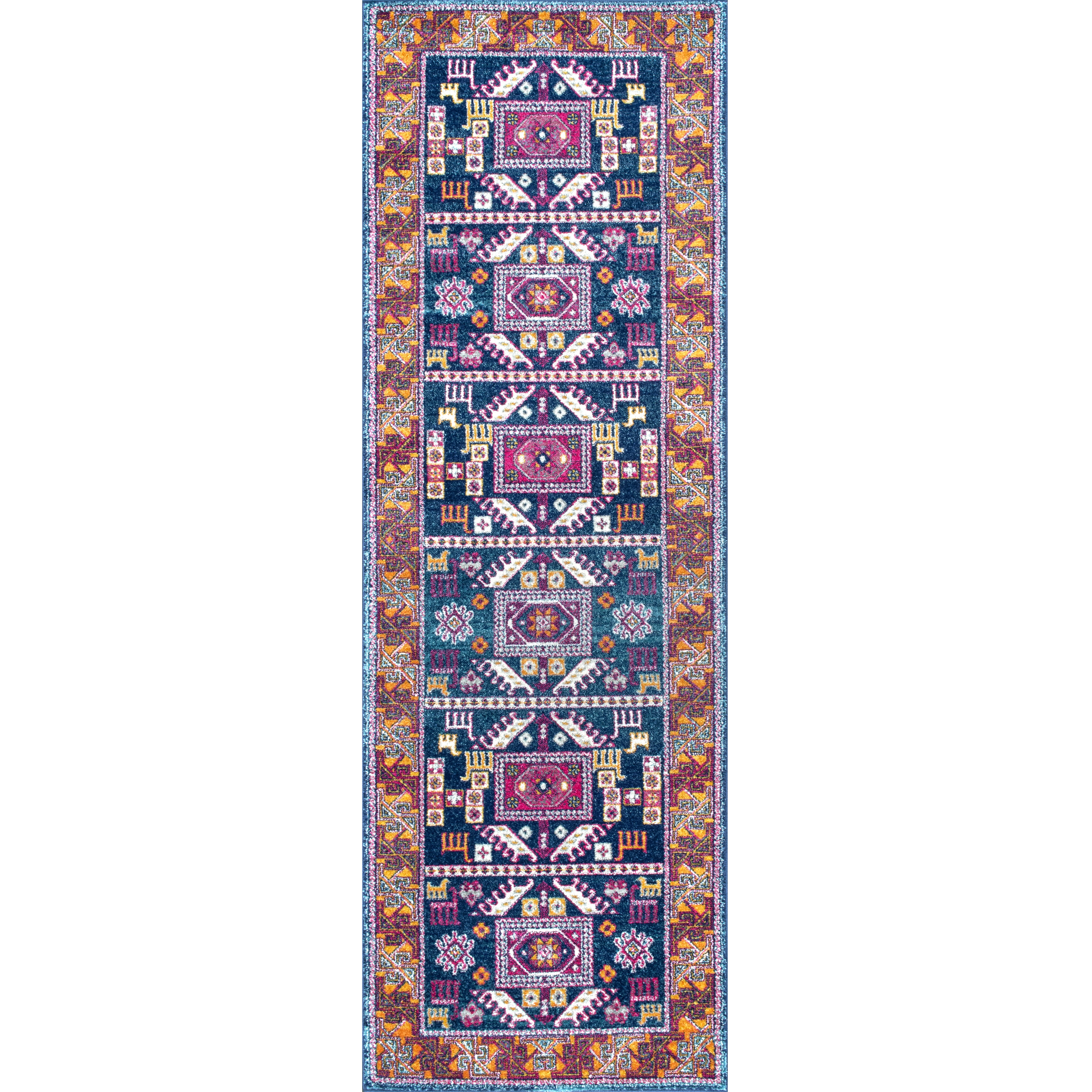 Handmade Navy Synthetic Tribal Runner Rug, 2' x 6'