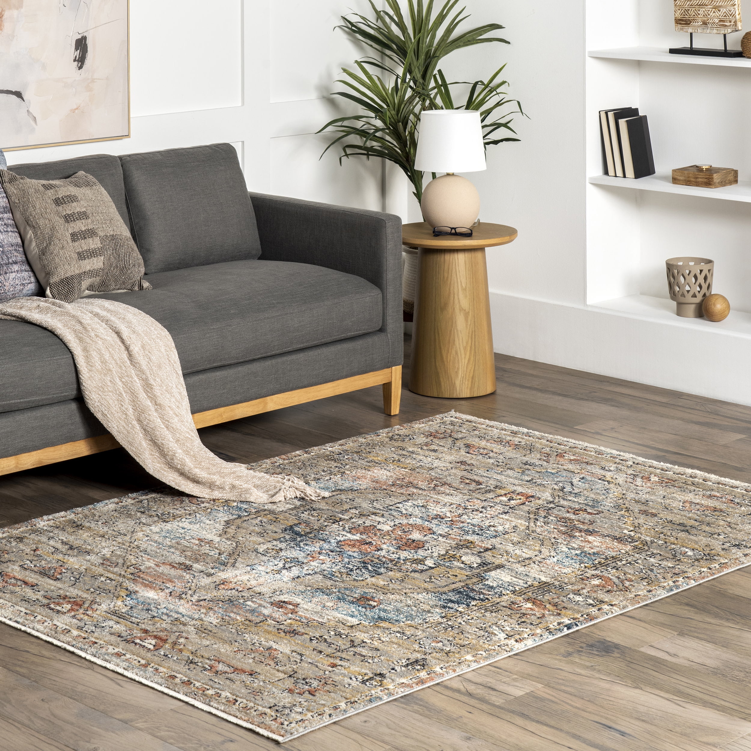 Ivory and Beige Synthetic Square Medallion Area Rug