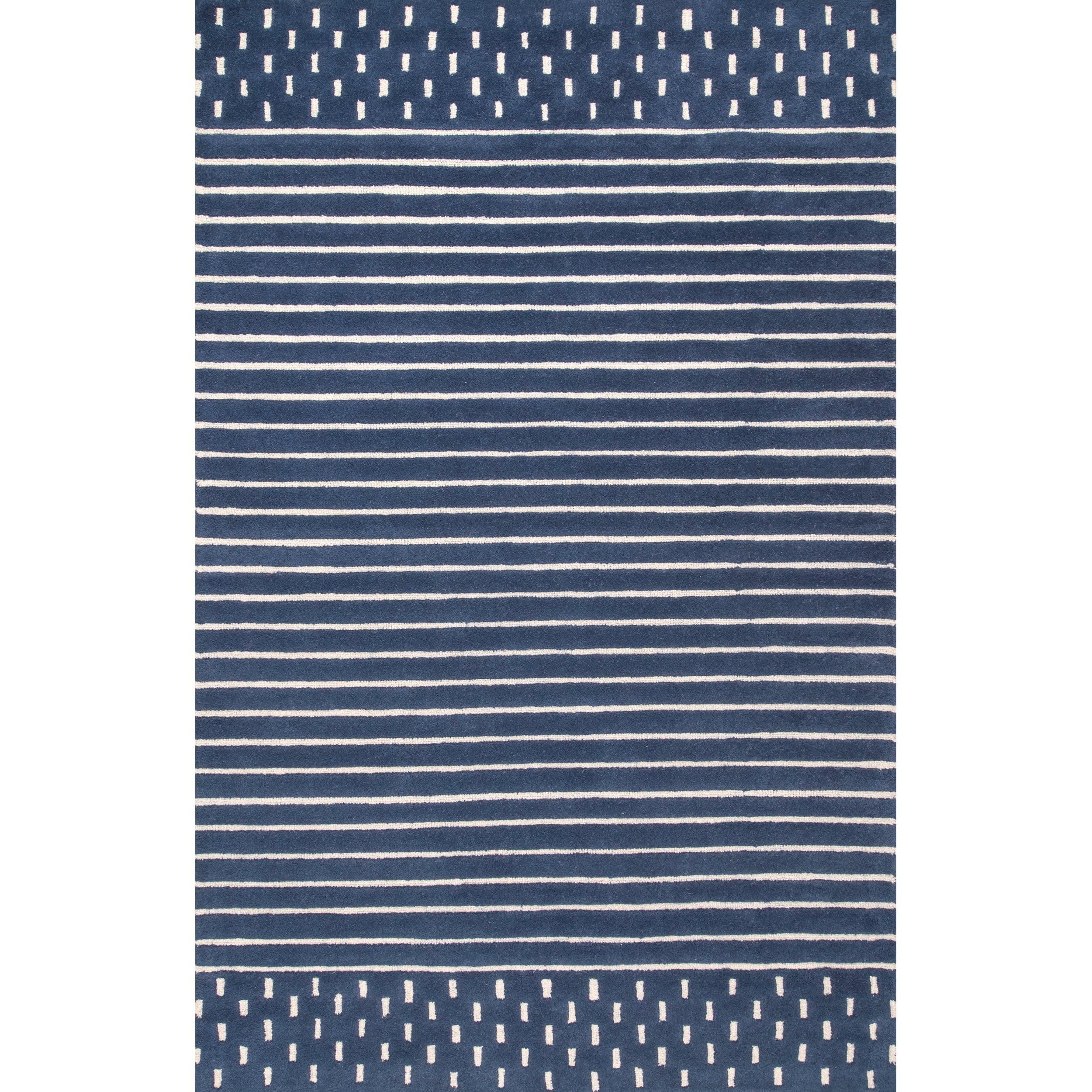 Navy and White Tufted Wool Striped 6' x 9' Rug