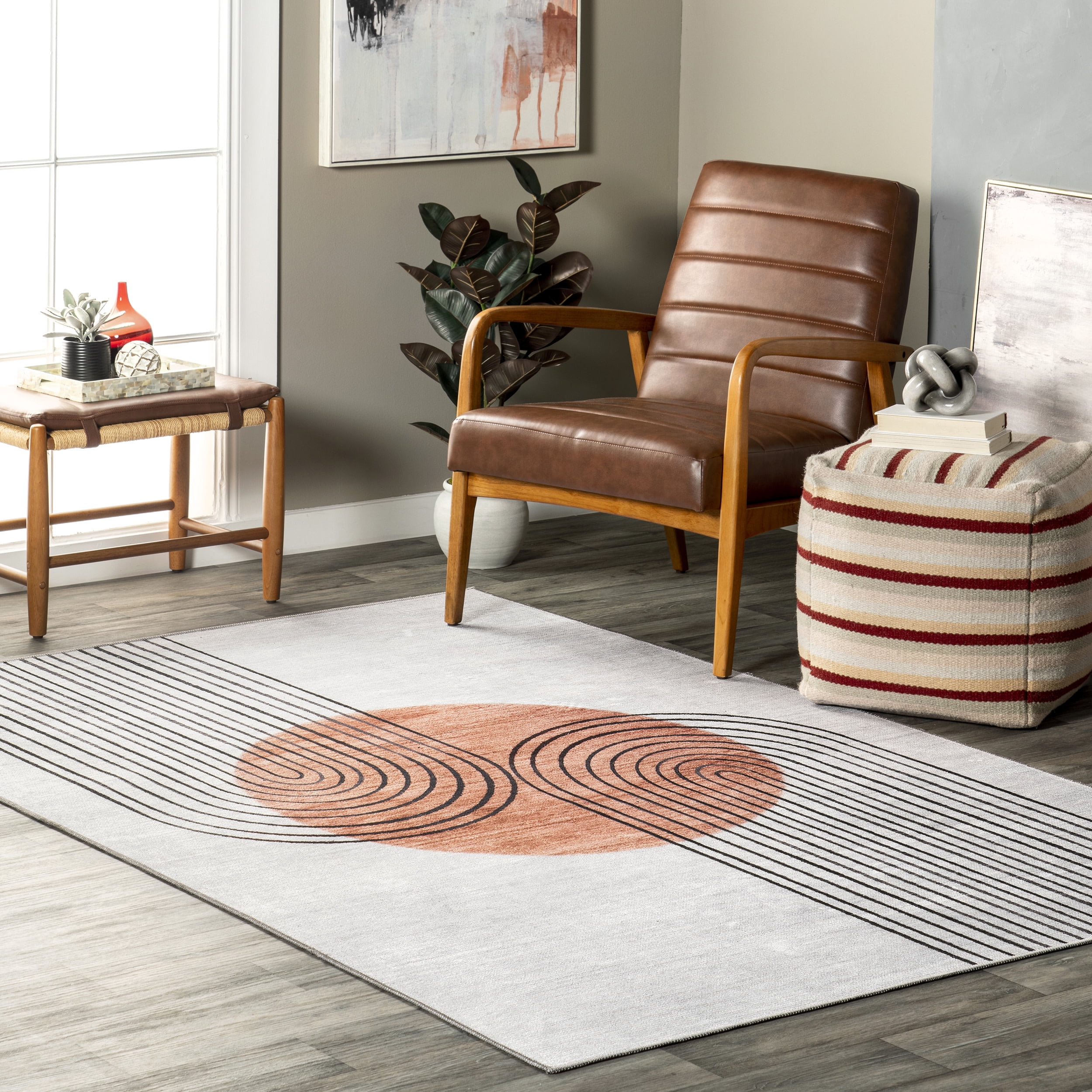 Martine Dusty White Abstract Synthetic 7'3" x 9' Washable Rug