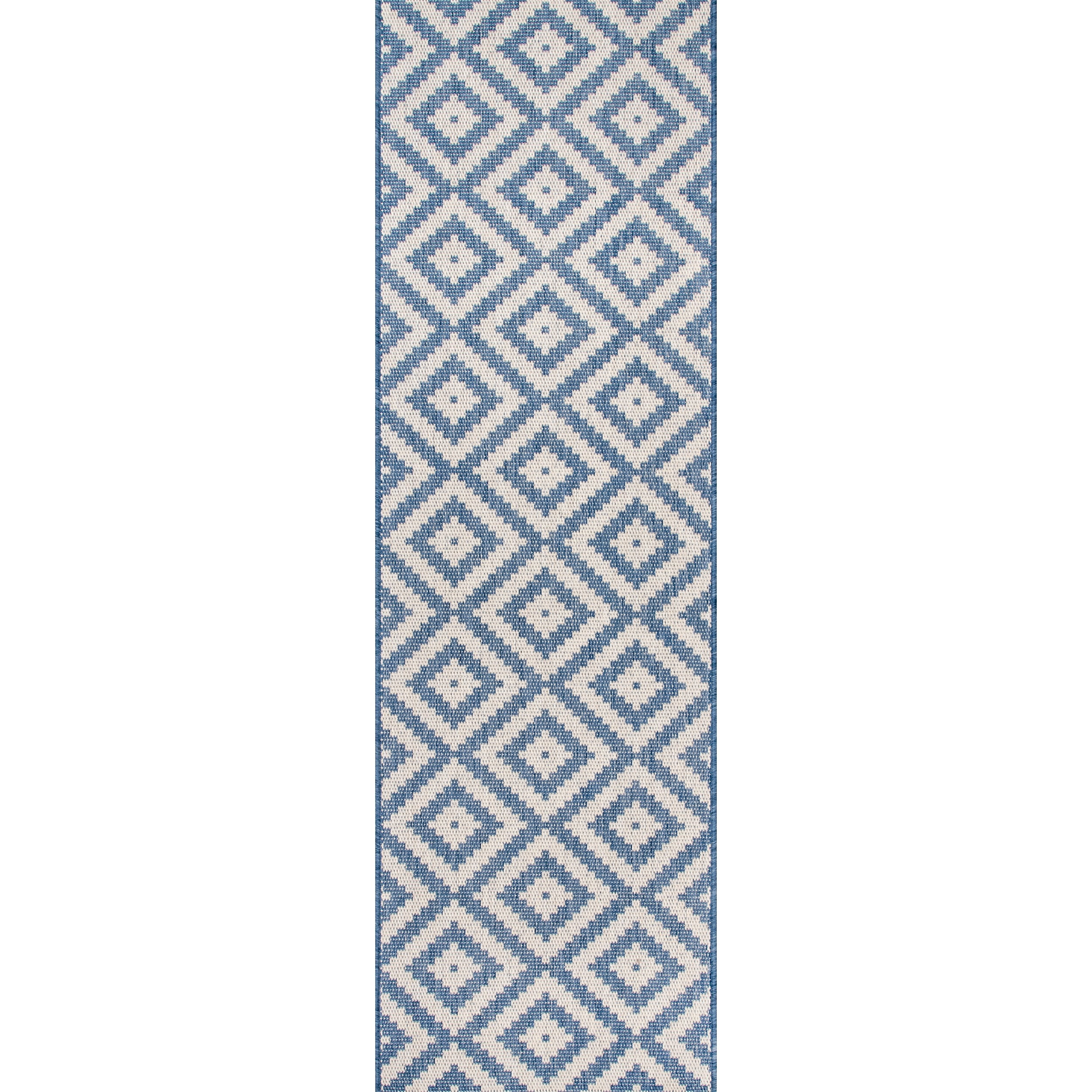 Blue and Ivory Geometric Polypropylene Indoor/Outdoor Runner Rug, 2' x 8'